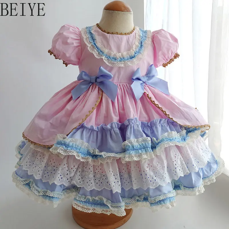 One Year Birthday Party Cotton Cake Dress Baby Girls Summer New Short Sleeve Lolita Dress Kids Sweet Princess Dress with Hat