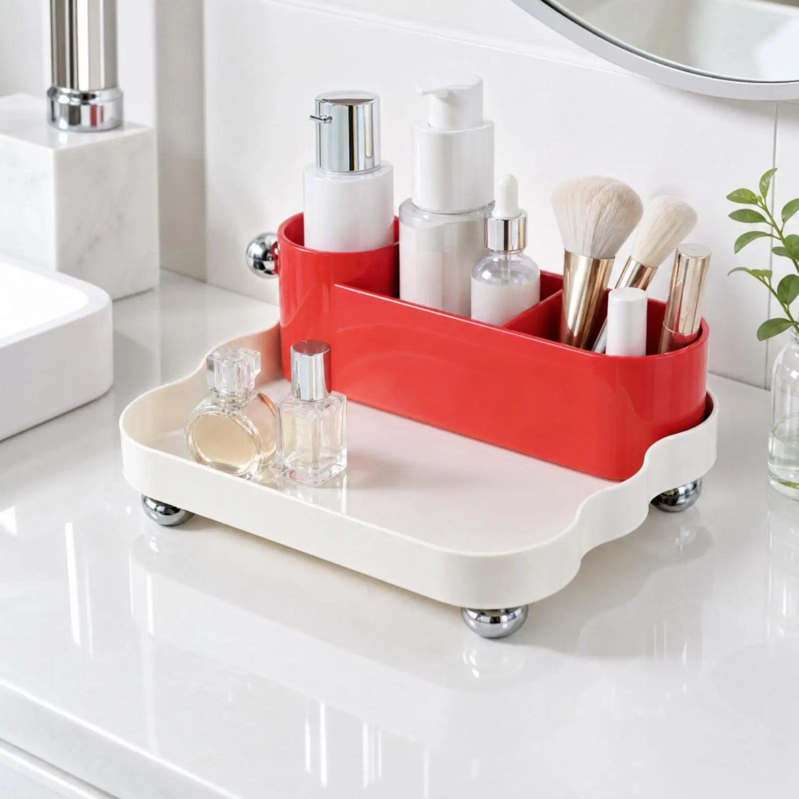 Two Level Makeup Organizer Rack Clear Finish with Compartmented Holder for Cosmetics Skincare and Perfume Bottles