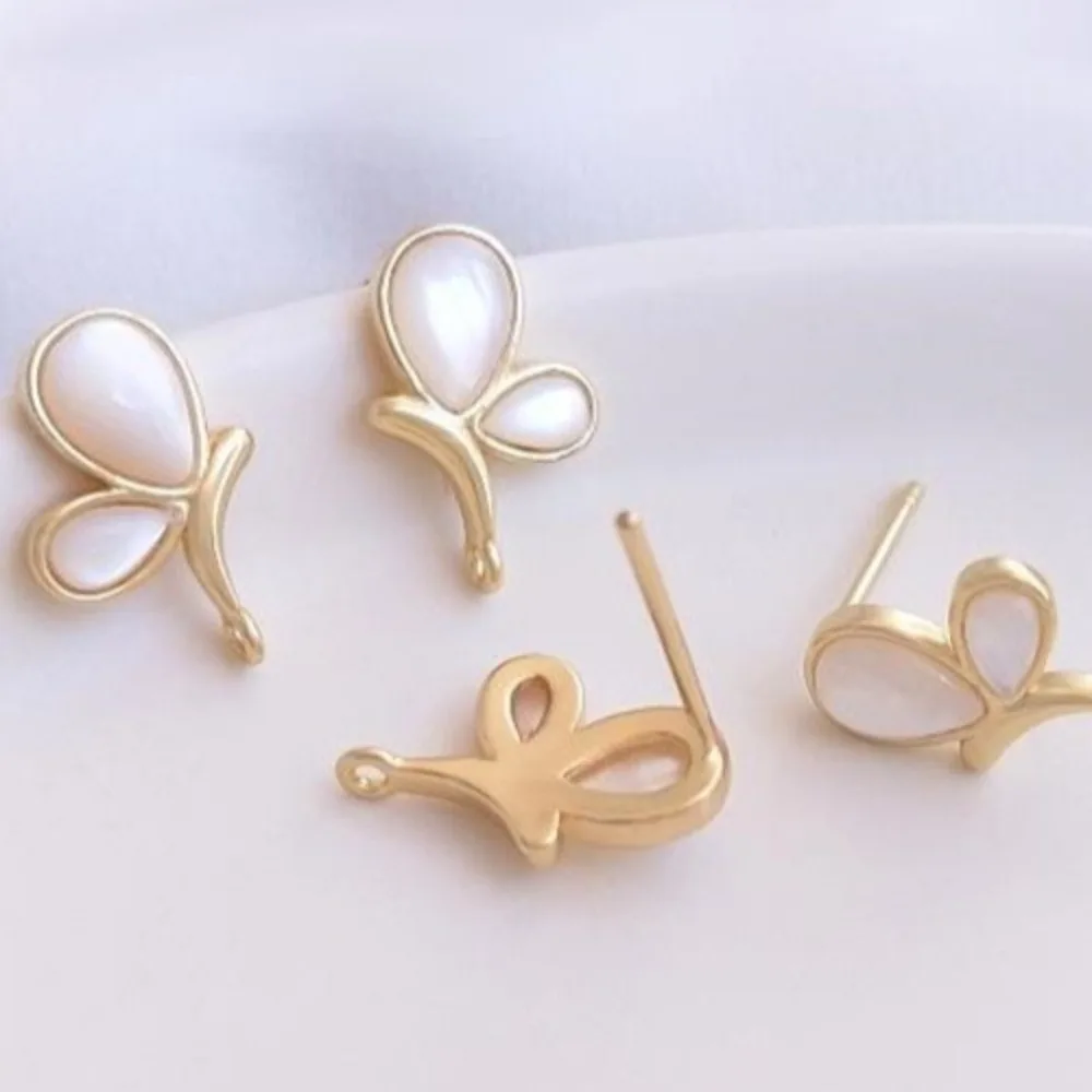 

Inlaid Natural Mother Shell Copper 14K Gold Color Left and Right Butterfly Rings Earrings Handmade DIY Ear Jewelry Accessories