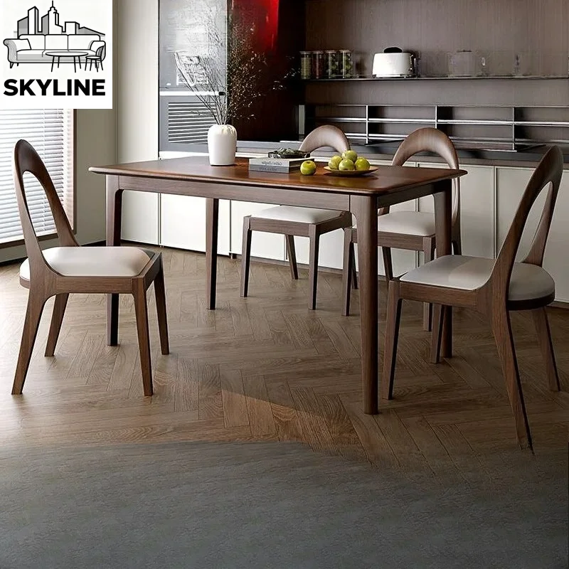 Retro Walnut Log Rectangular Dining Set, Minimal Full Solid Wood Table & Chairs for Household Dining Area