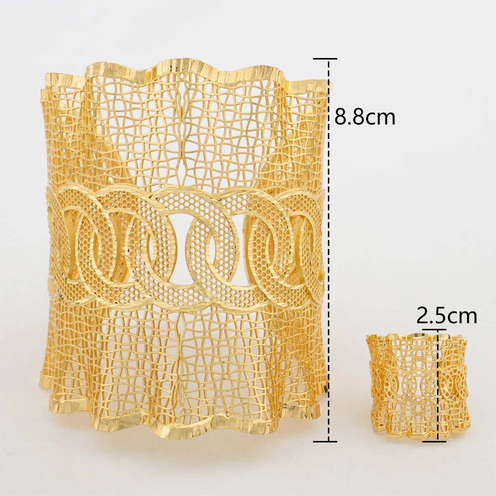 Hohles Modisches Goldfarbenes Manschettenarmband, Ring, Kupferlegierung, Vergoldeter Schmuckset, Armreif für Damen, Täglicher Gebrauch, Party, Hochzeitsgeschenke – Detail 20