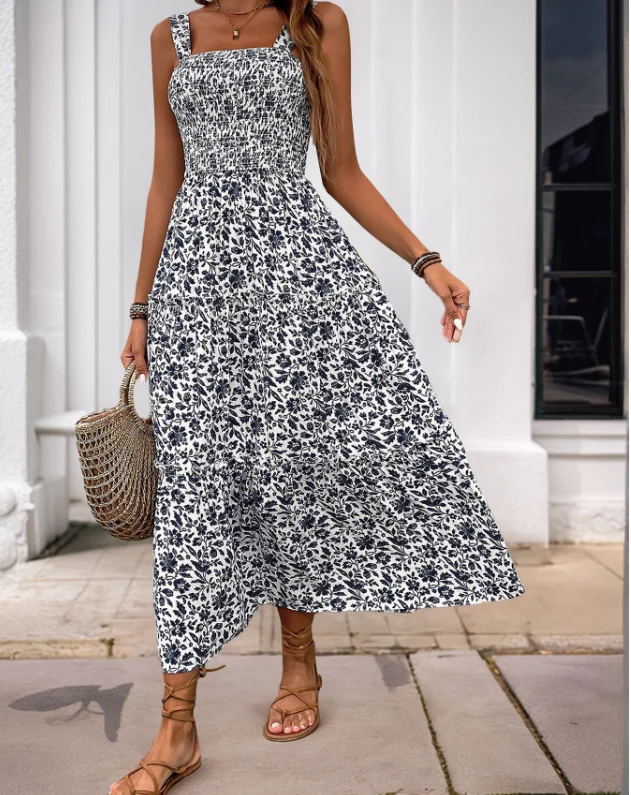 

Women's Dress 2025 Spring Summer Latest Printed Strap Dress Hot Selling Sweet and Fresh Countryside Style Maxi Dress Long Skirt