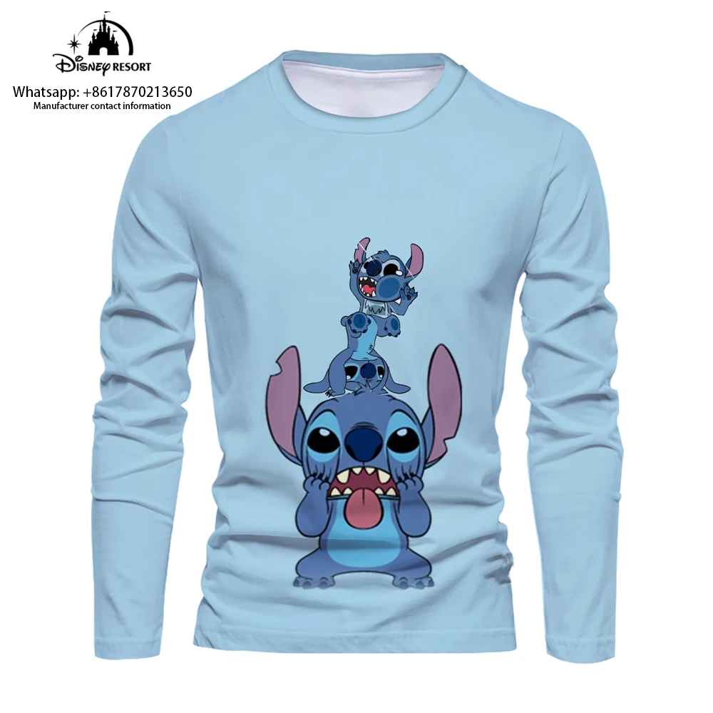 Cartoon 3D comfortable men's long-sleeved T-shirt 2024 new fashion casual men's bottoming shirt cute Stitch T-shirt