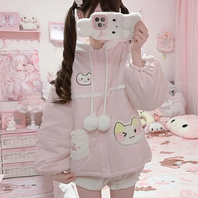 Japanese Kawaii Cartoon Print Pom-Pom Pendant Cotton Jacket for Women Winter New Sweet Cute Loose Casual Thickened Hooded Coats