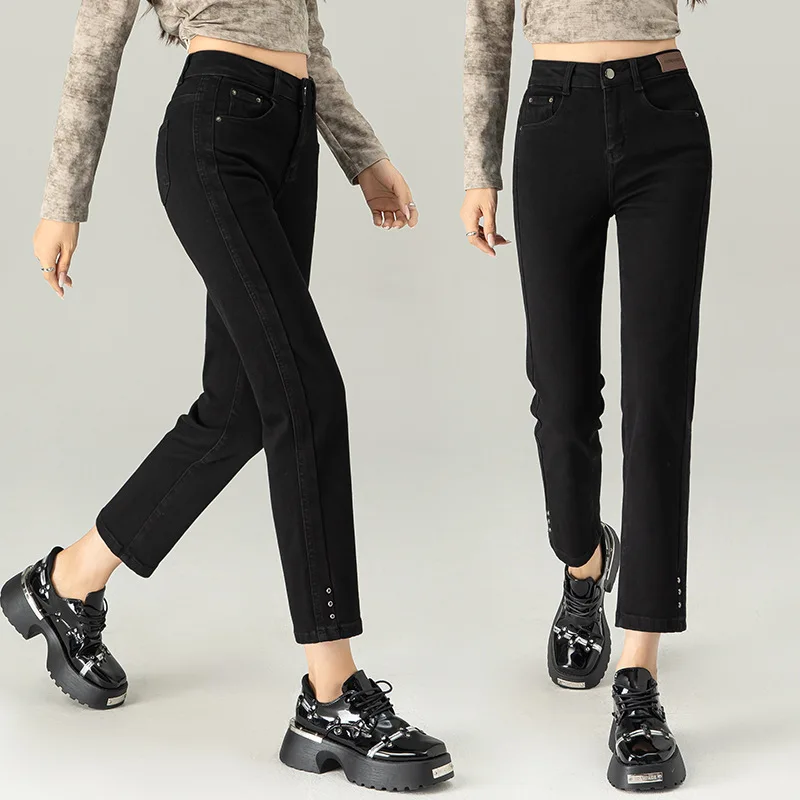 جينز أسود بقصة ضيقة للنساء، سروال قصير جديد للتخسيس عالي الخصر للخريف، بنطلون متعدد الاستخدامات