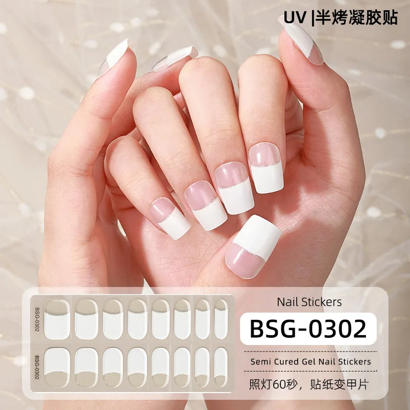 16 Strips Semi-Uitgeharde UV-Gel Nagelsticker Semi-Gebakken Gel Nagelvlekken 3d Bronzing Volledige Cover Emblemen UV-Lamp Nodig