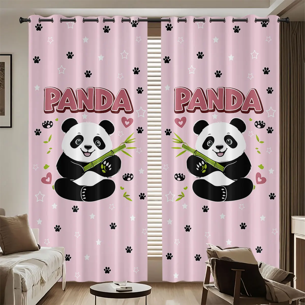 

2 шт. перфорированные плотные шторы с принтом гигантской панды разных размеров, простые в установке для гостиной, спальни, украшения дома