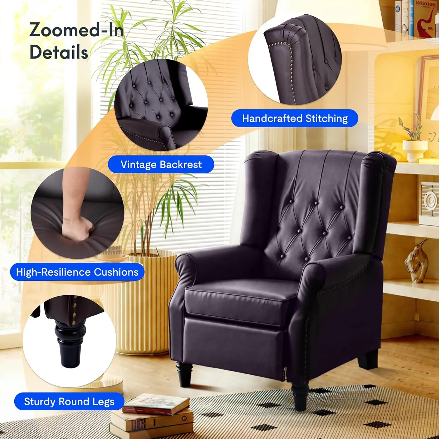 XC5 Pushback Recliner Chair, Tufted Wingback Armchair with Rivet Detail, White Fabric Accent Chair for Living Room, Bedroom, Stu