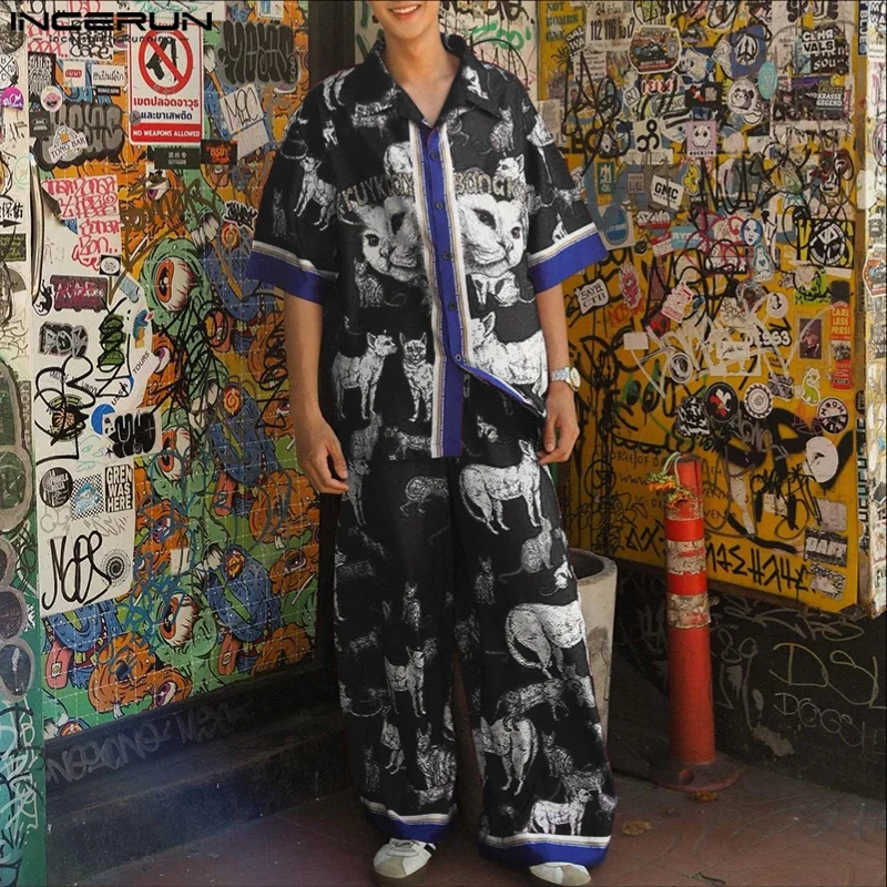 Incerun conjuntos masculinos impressão retalhos lapela manga curta camisa & calças duas peças define verão solto férias casuais ternos masculinos