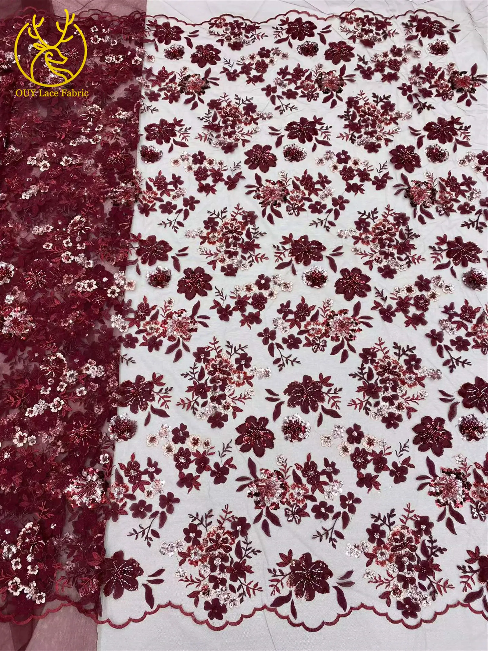 Eleganter Spitzenstoff mit Blumenstickerei und Pailletten, französischer Tüll mit Perlen, afrikanischer Spitzenstoff, nigerianische Spitze für Party- und Ballkleider – Detail 9