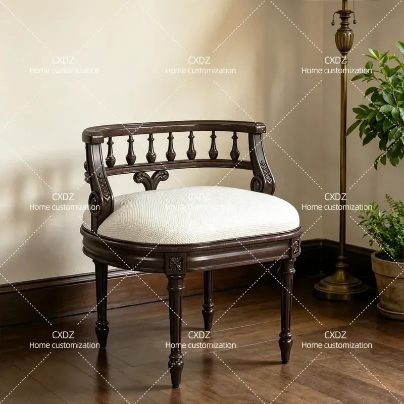 All Solid Wood Dressing Stool Classic Compact Household Shoe Changing Bench Fabric Soft Bedside Seat Dark Coffee Color