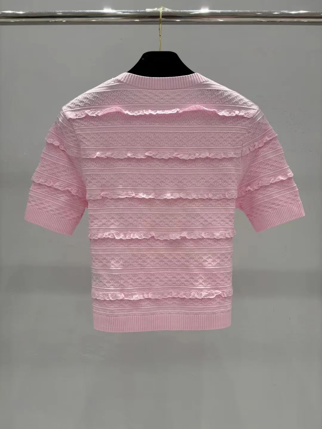

2026 Summer Women 2 Colors Hollow Out Sweater Ruffles Bow Rhinestone Decoration Short Sleeve Pullover Top + A-Line Mini Skirt