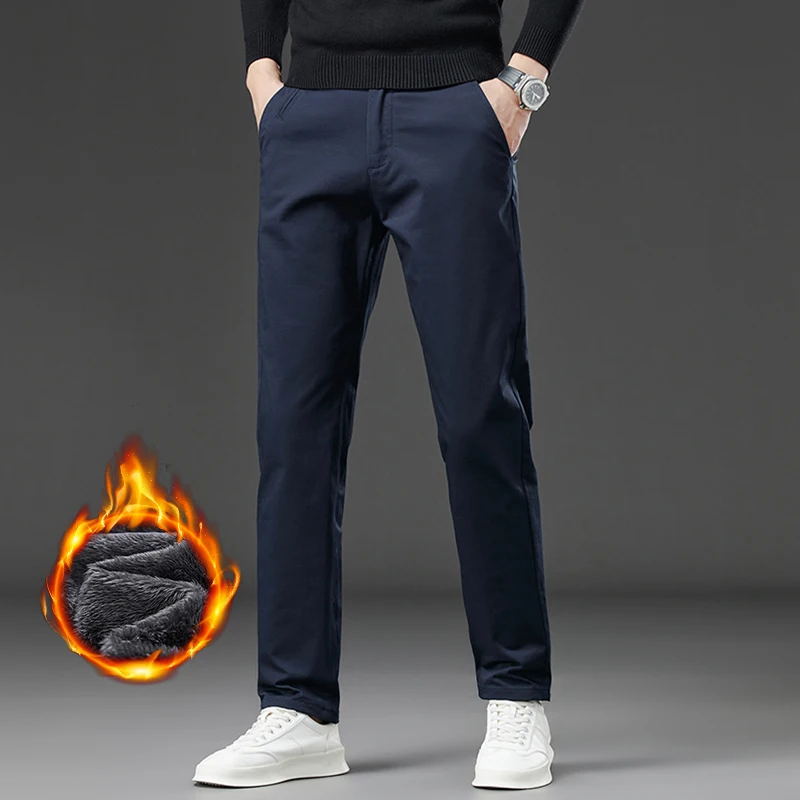 الصوف الرجال السراويل المستقيمة شتاء جديد دافئ الأعمال عادية بلون السراويل الكلاسيكية أفخم سميكة المخملية الذكور السراويل