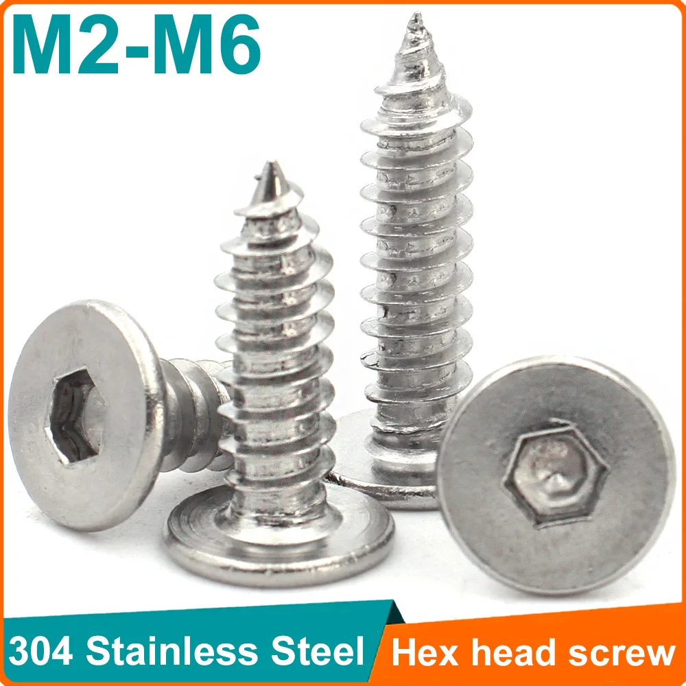 5/ 10/ 20pcs M2 M2.6 M3 M4 M5 M6 CM 304 Stainless Steel Hex Socket Hexagon Ultra Thin Super Low Flat Head Self-Tapping Screw