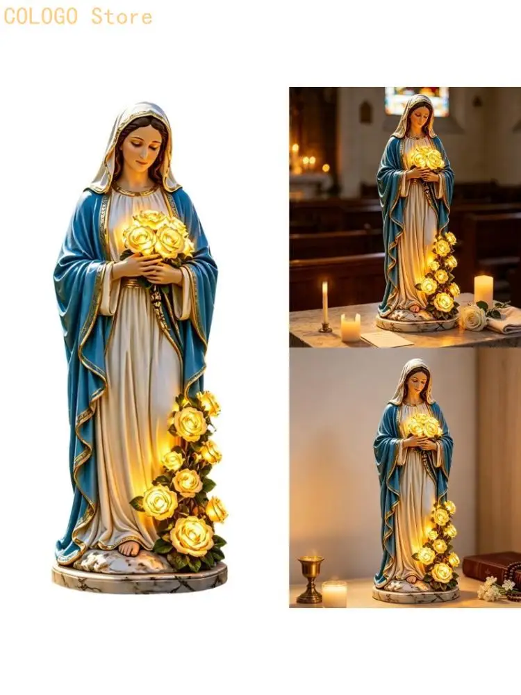 Warm Glow Holy Mother Statue, 3 Piece Resin Religious Figurine with Rose Detail and Pedestal Base for Entryway Decors, Living