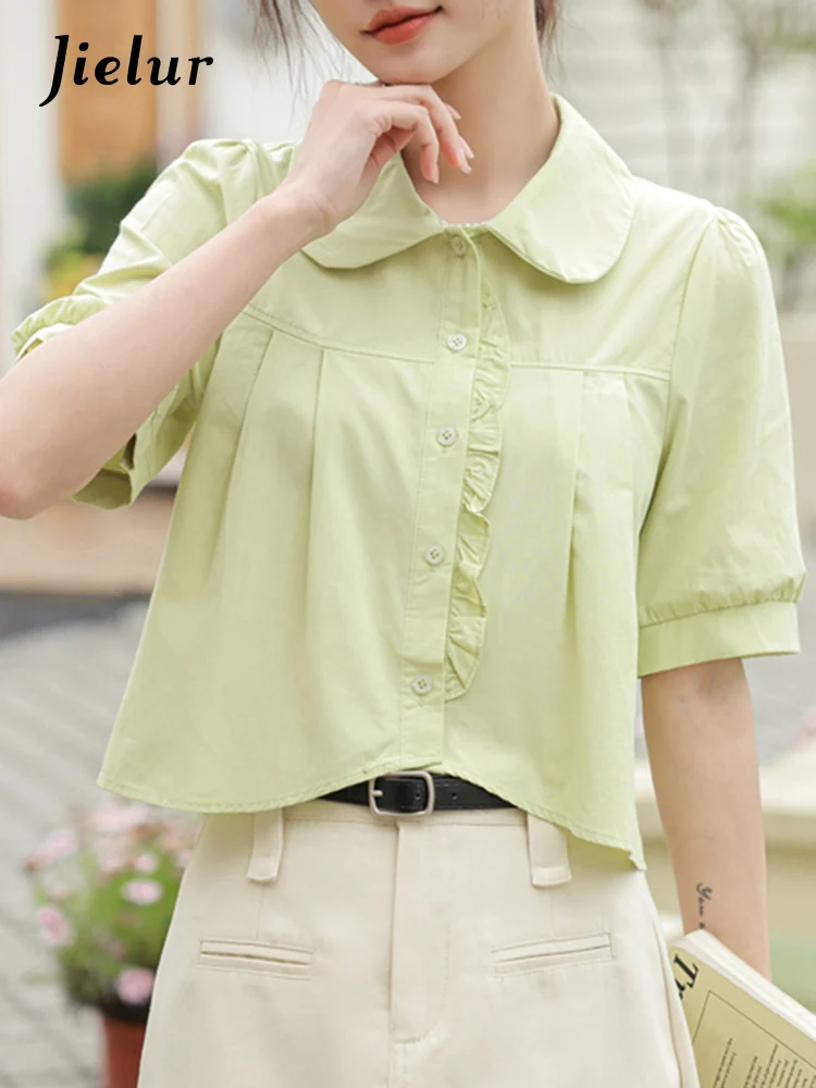 

Jielur Green Short Sleeve Sweet Women Shirt Summer Pure Color Peter Pan Collar Single Breasted Female Shirts Casual Office Lady