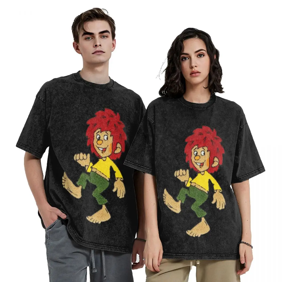 

Pumuckl Hip Hop Short Sleeve T-Shirts Washed Tops Tees Streetwear T Shirt Vintage for Men Women