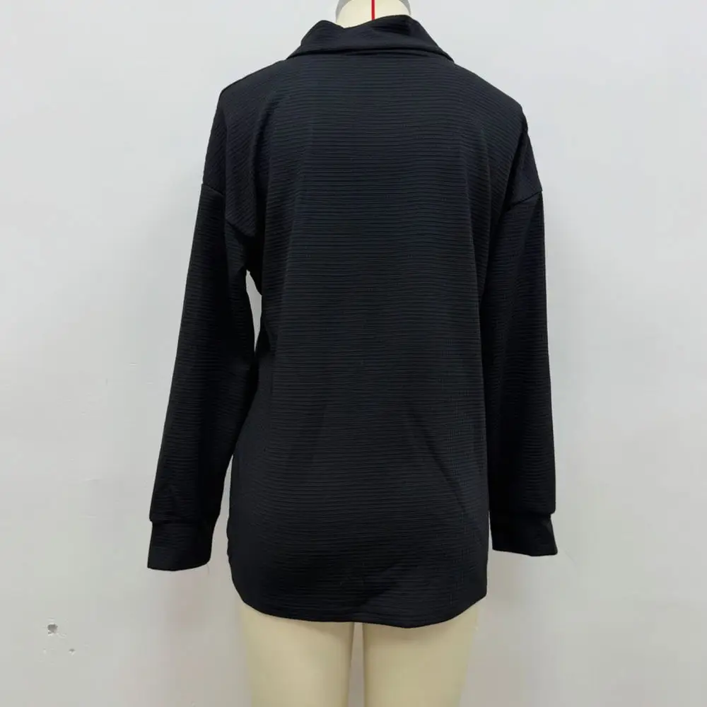 Casual Women Sweatshirt Polo Neck Long Sleeve Pullover Button Up Textured Fabric Autumn Loose Fitting Comfy Fashion Tops