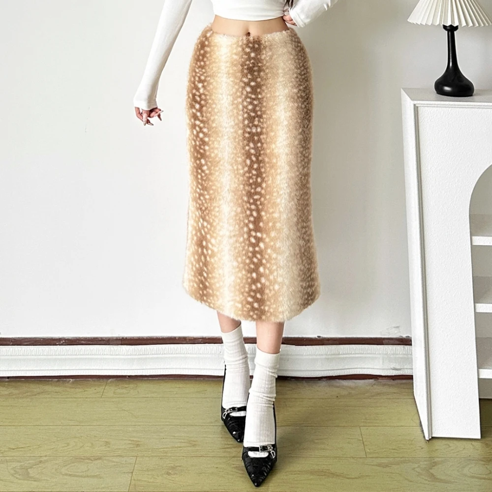 Kliou Casual Elegant Long Skirts Woman 2026 New Style Gradient Furry Elastic High Waist Daily Simple Basic Comfortable Bottoms