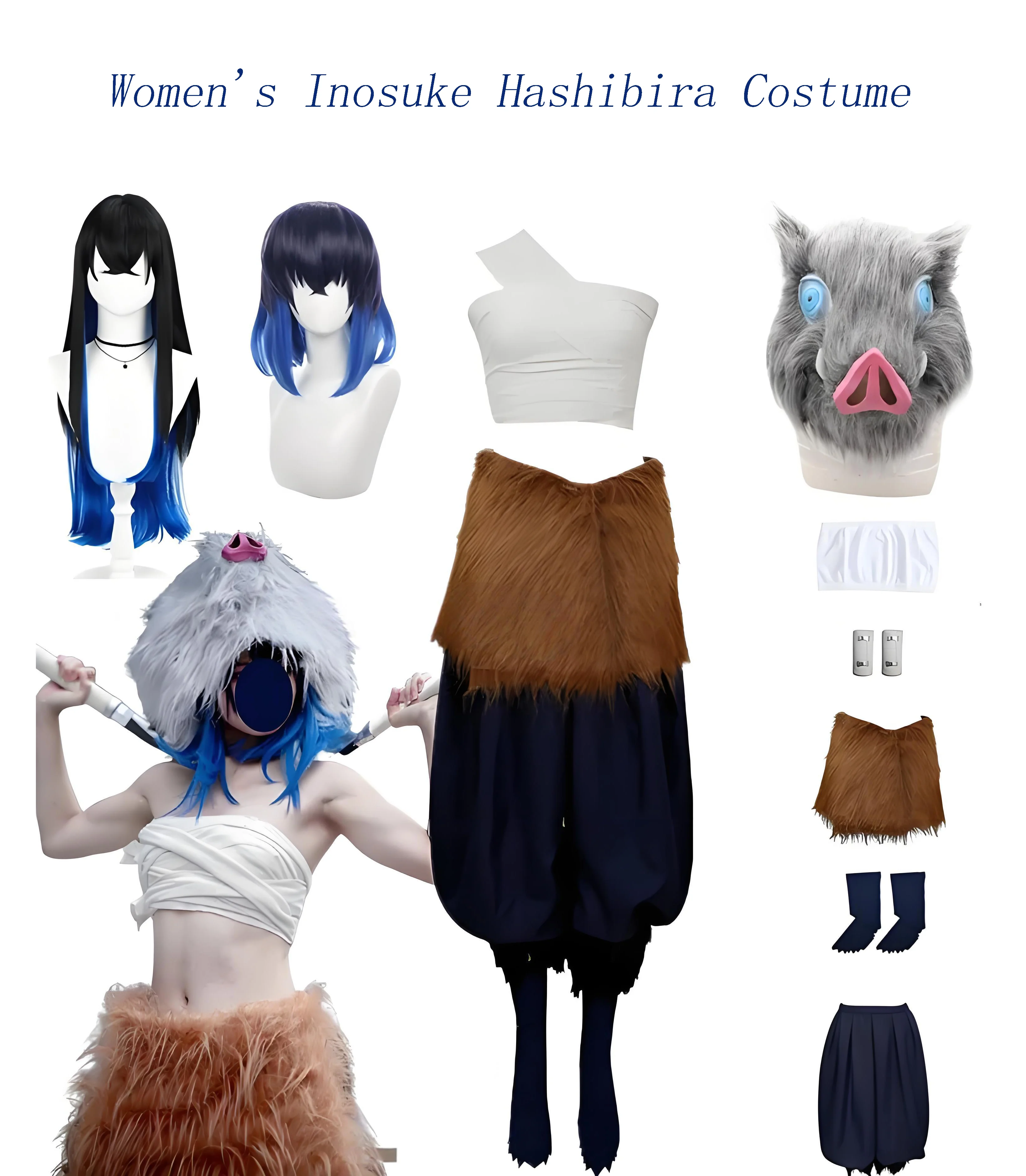 Women Halloween Costume Hashibira Inosuke Cosplay Outfit, Full Set with Boar Head Mask, Bandage Pants and Wig
