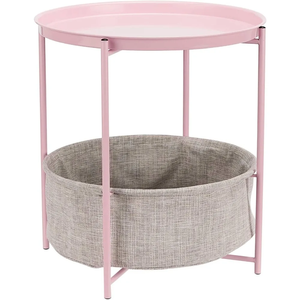 

Round Side Table with Storage Basket, Dusty Pink, 17.7"D x 17.7"W x 18.9"H - Versatile Accent Furniture