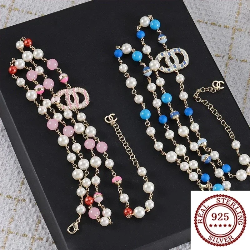 

2025 New Trendy DIY Pure Silver Letter Contrasting Pearl Chain Double C Color Enamel Letter Necklace Explosive Fashion Versatile