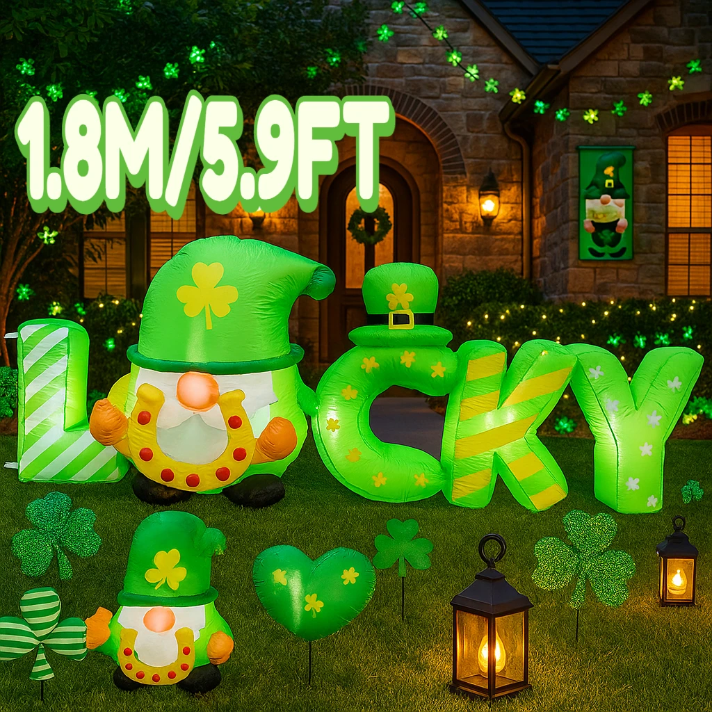 1.8M/5.9FT 聖パトリックデー インフレータブルおもちゃ DIY エルフデコレーション ホリデーラッキーヤードデコレーション LEDライトデコレーション 聖パトリックデーギフトオーナメント