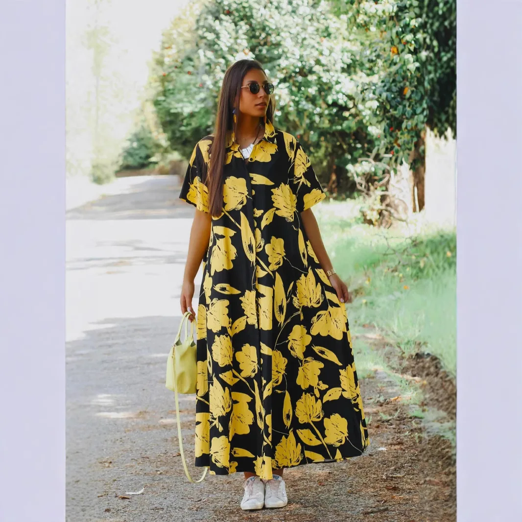 Women's Fashion Holiday Casual Turtleneck Robe Long Floral Printed Loose Dress Ladies Turndown Collar Button Long Casual Dress