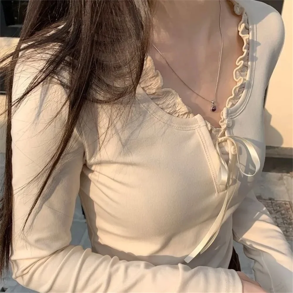 Bow Patchwork O-neck T-shirts Women Simple Design All-match Autumn Students Clothing Young Soft Korean Style Chic Casual Fashion