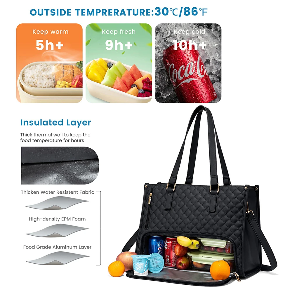 2 In1 Lunch Tote Bag for Women Shoulder Laptop Bag Large Capacity with Insulated Compartment Outdoor Multifunctional Picnic Bag