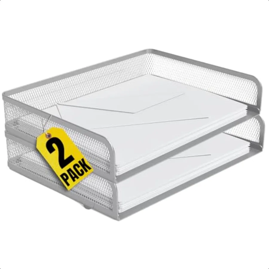 

1InTheOffice Desk Trays Stackable Letter Tray Matte Sier Wire Mesh SideLoad Paper Tray Organizer 2 Pack
