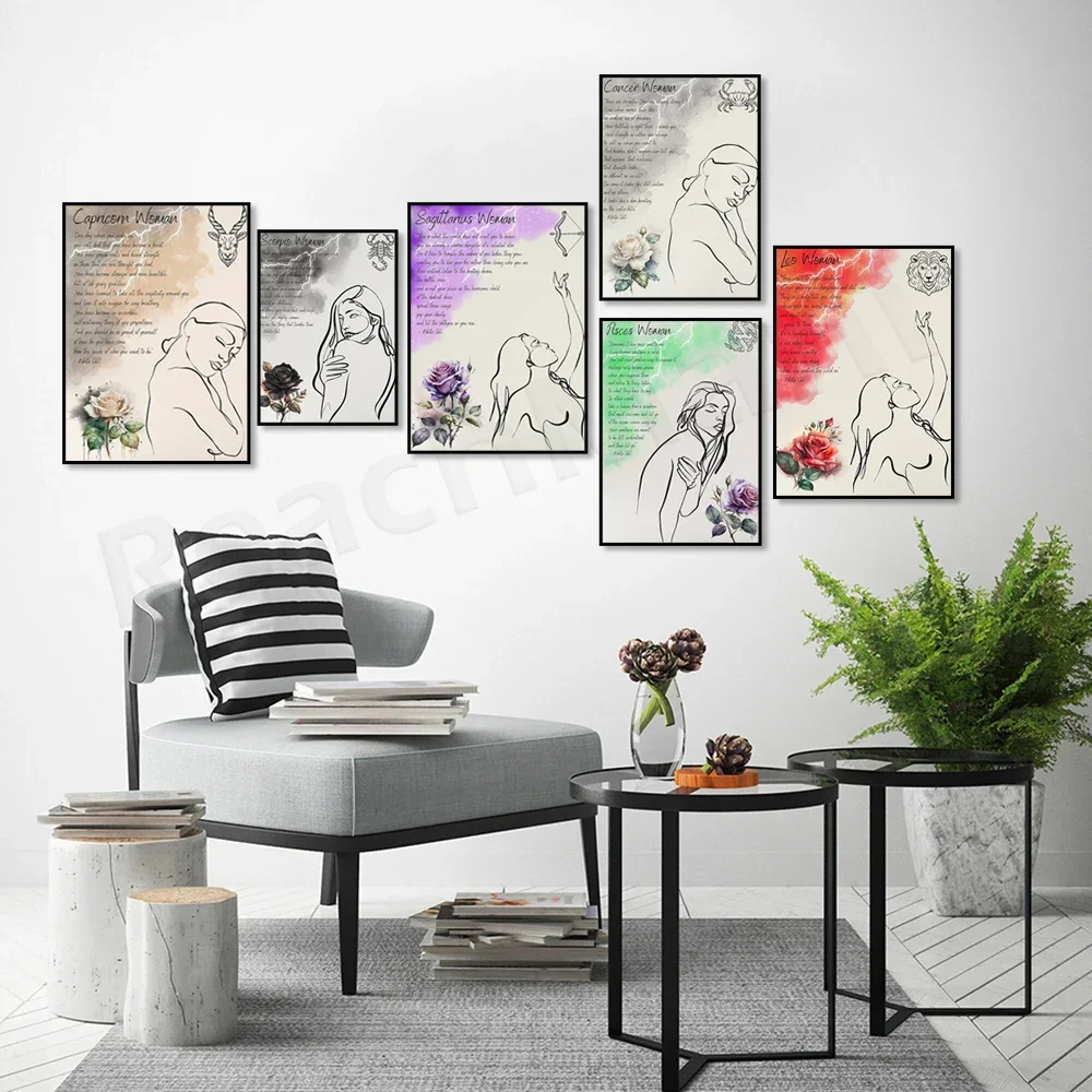 12 Zodiac Women Poster Capricorn Gemini Cancer Leo Libra Sagittarius Horoscope Canvas Painting Wall Art Picture Home Decor