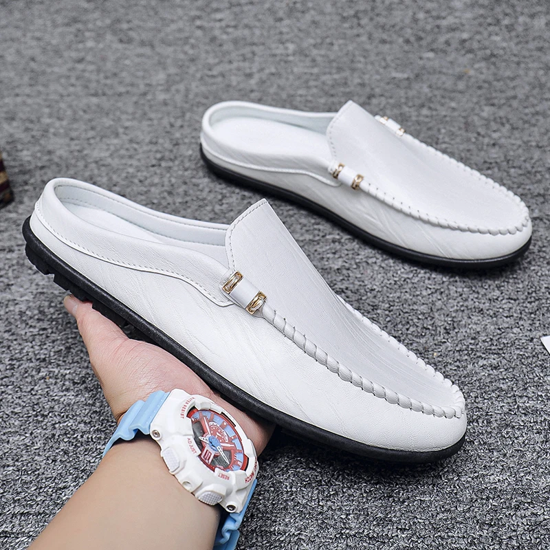 Summer White Half Shoes For Men Dress Shoes Mules Man Slides Leather Casual Shoes Backless Loafers Slippers Flats Sandals 2023