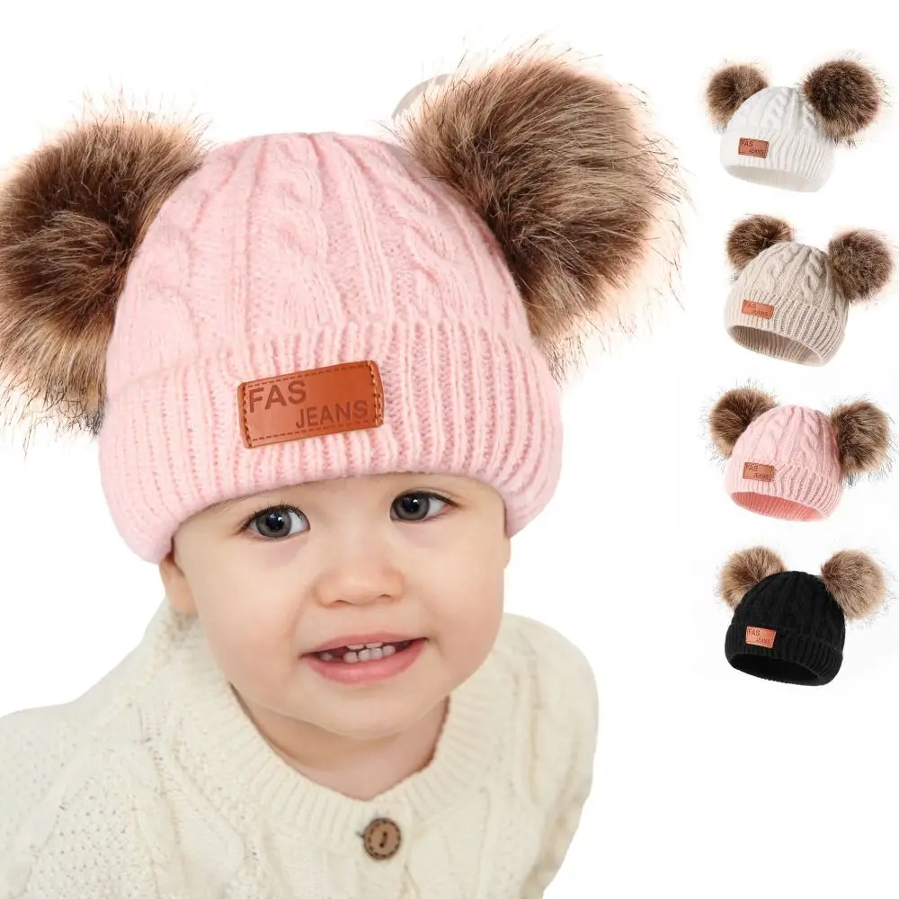 

Solid Color Baby Hat Scarf Gloves Set Warm Thicken Windproof Pompom Knitted Hats Knitted Beanie Pompom Infant Bonnet 1-5 Years
