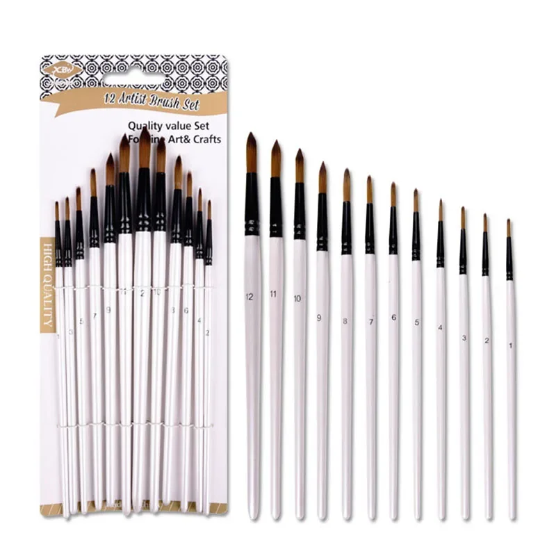 12 pcs Set Pearl bai Double Color Nylon hair long Birch pole Oil Painting Pen Nail round Watercolor Pen Affordable Art Supplies