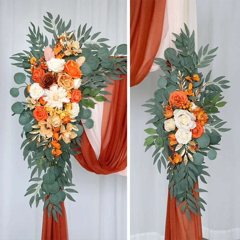 2pcs Artificial Wedding Arch Flowers Vintage Orange Floral Arrangement Party Reception Backdrop Decor Multiple Style Ceremony