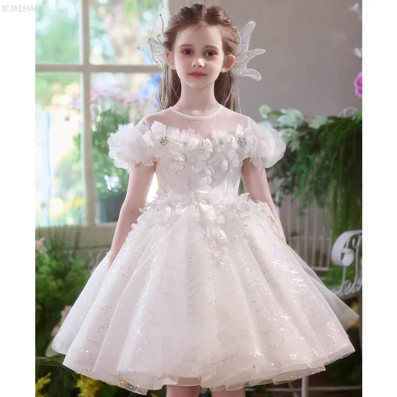 Girls Princess Party Dress Flower Girl Wedding Gown Birthday Bride Flower Girl Piano Performance Pageant Formal Children Dresses