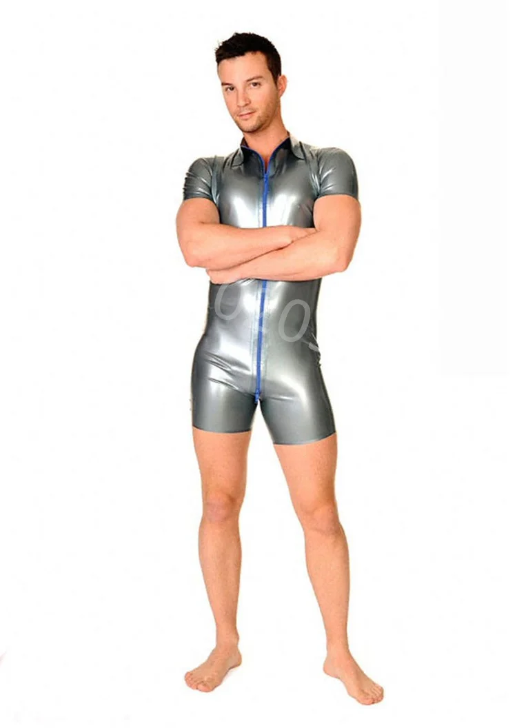 

Sexy Short Sleeve Mens Latex T-Shirt Turn-down Collar Rubber Catsuit Tight Clothing Fetish Jumpsuit Latex Bodysuit