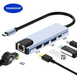 Trumsoon USB C Hub to RJ45 Lan 4K HDMI-Compatible USB 3.0 2.0 Type C PD Dock Splitter for MacBook iPad Pro Samsung S21 Dex HDTV