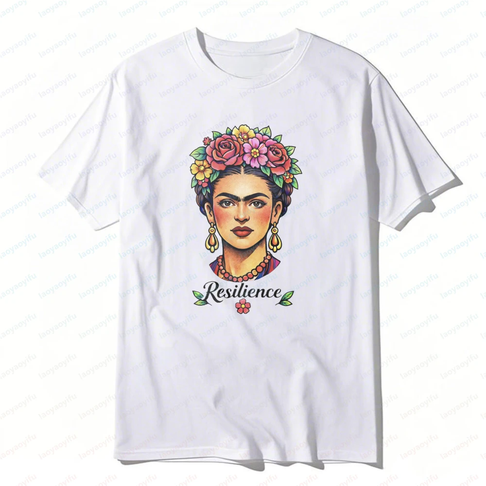Vintage Frida Kahlo Floral Headpiece Graphic Tee “Resilience” Print T-Shirt Retro Casual Short Sleeve Fashion Cotton Women's Top