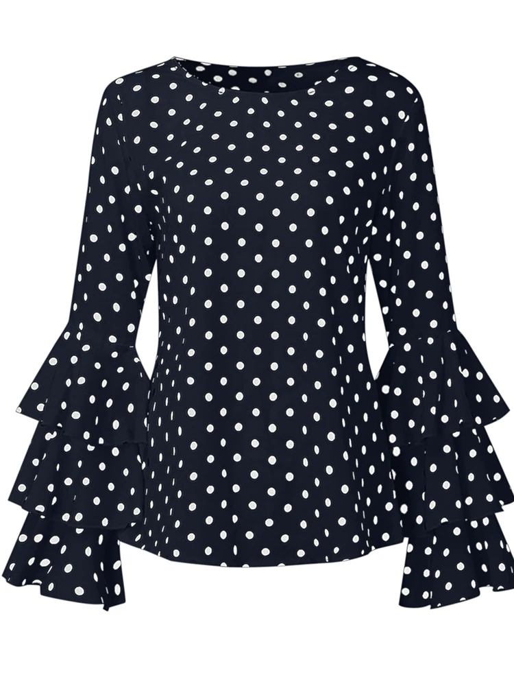 5XL Plus Size Polka Dot Womens Tops And Blouses Casual Long Lantern Sleeve O Neck Loose Female Tunic 2023 Summer Autumn Pullover