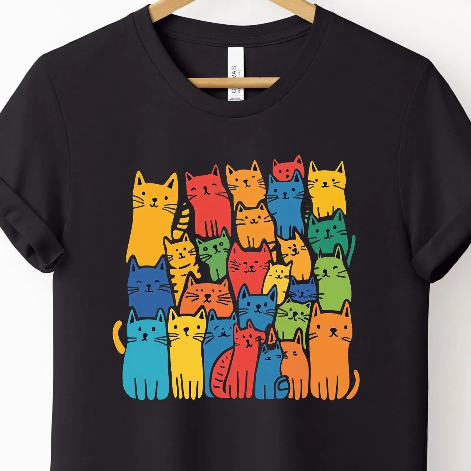 T shirt with colorful cats cute animal lively outfit for feline lovers playful tee cheerful kittens vintage Washed Soft Casual