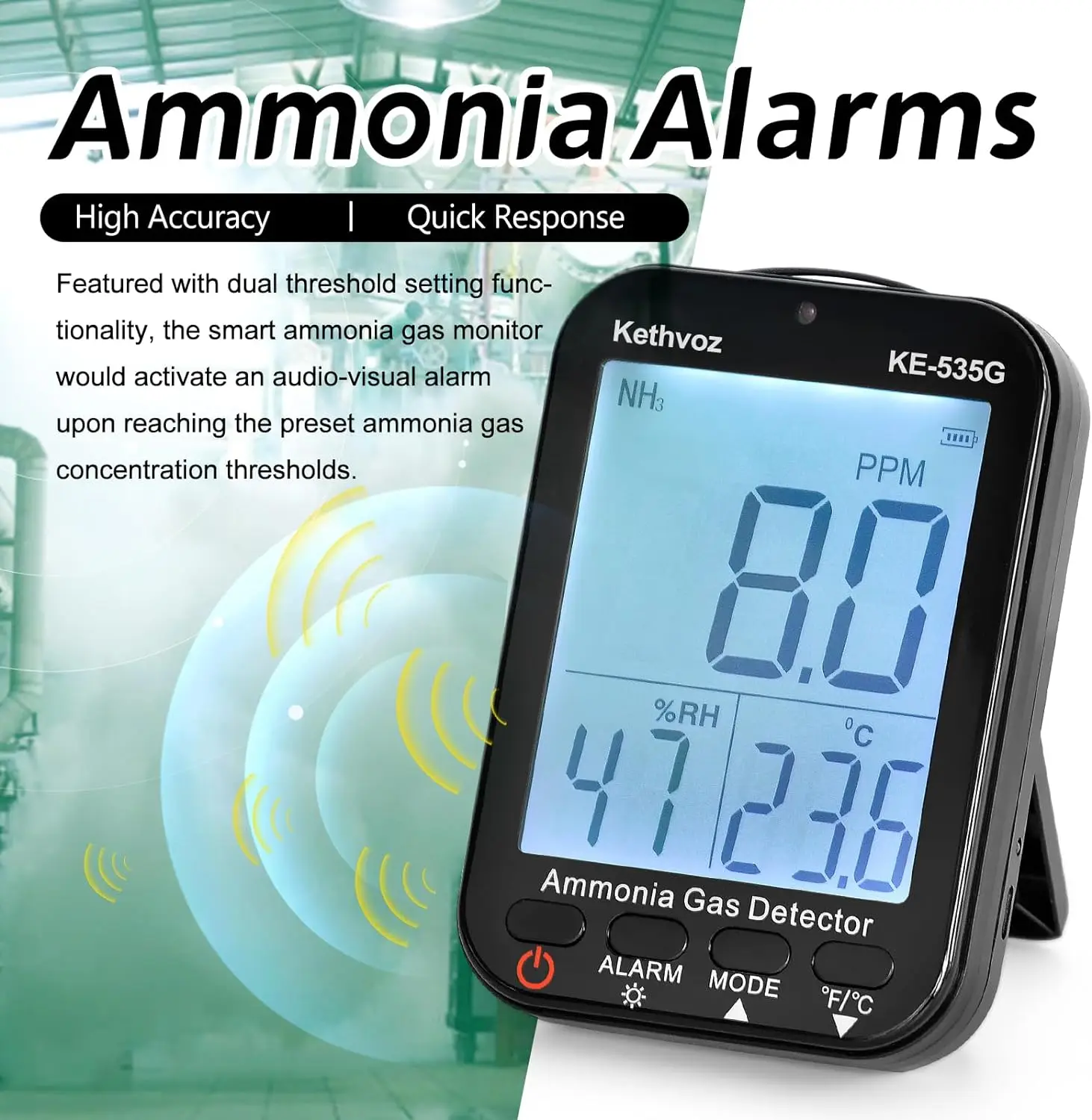 Ammonia Detector Monitor NH3 Air, Ammonia Tester Gas 0~100 PPM with Alarm Buzzer, Wall-Mounted Type,Humy&Temp Sensor Big Display