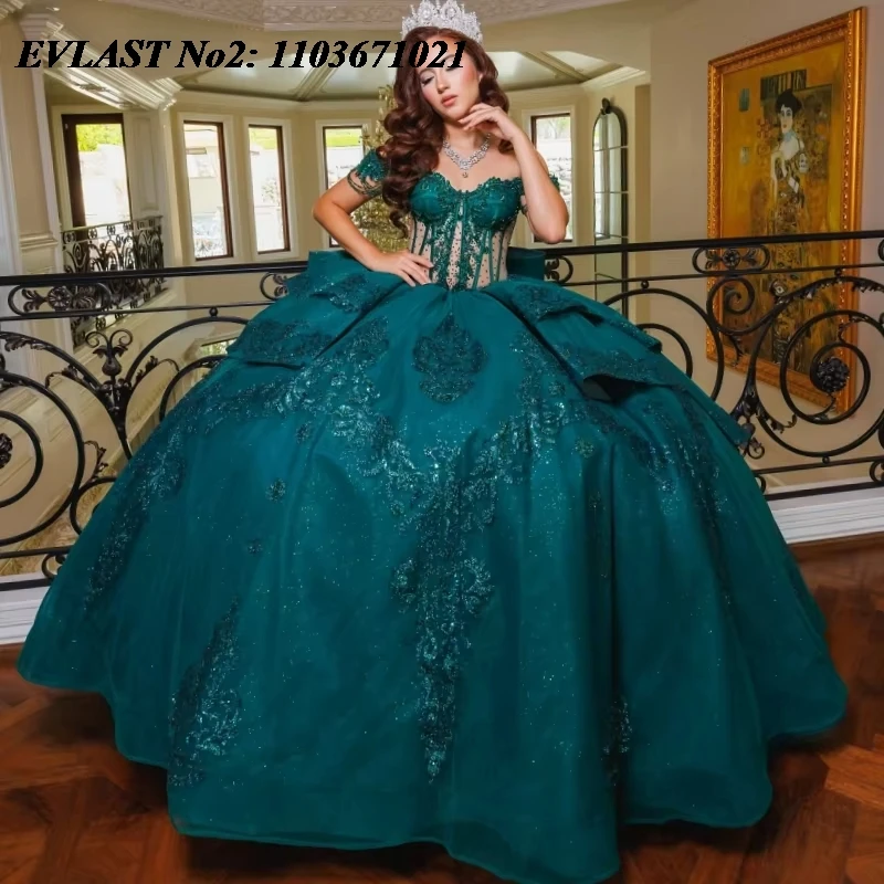 

EVLAST блестящее черновато-зеленое платье Quinceanera по индивидуальному заказу, бальное платье с кружевной аппликацией и бисером, Sweet 16, Vestidos De 15 Anos E2QA01
