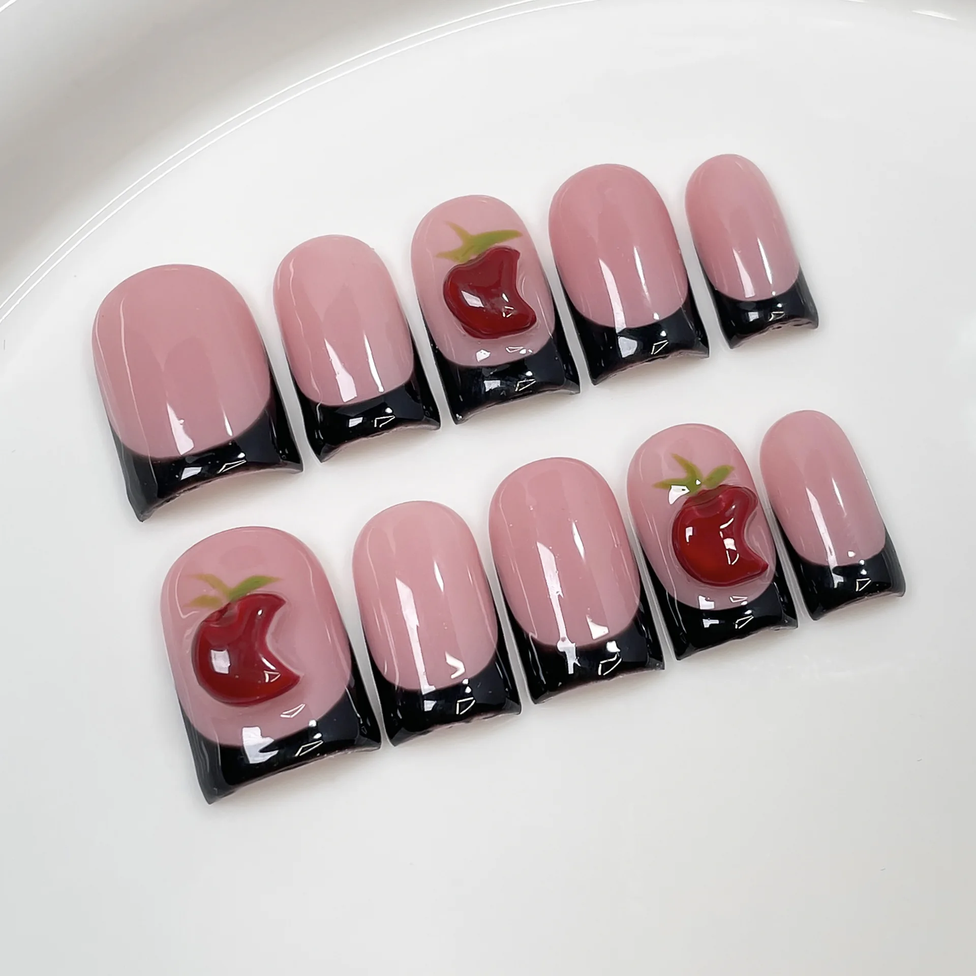 10pcs Simple Sweet Handmade Fake Nail Black French Short Square Nails Sets Press on Detachable Fruit Design Pink False Nails Art
