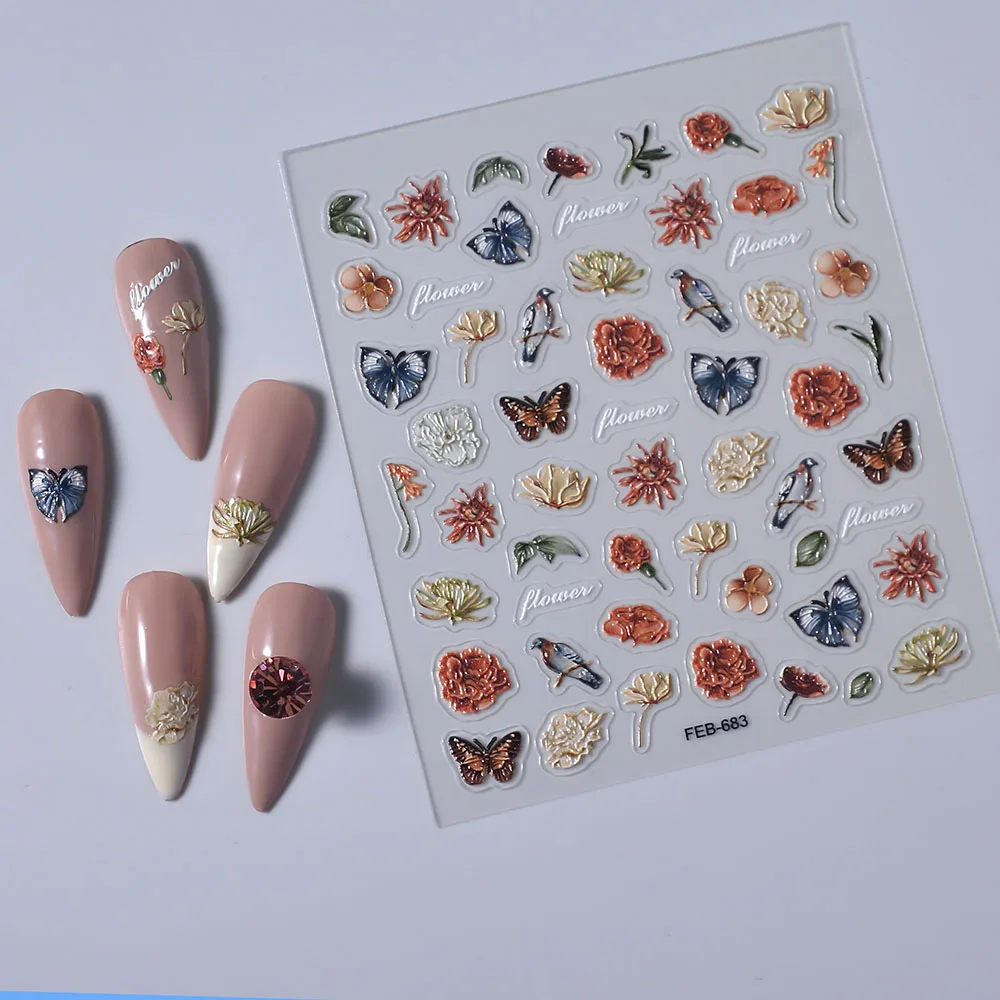 3D Papillon Nail Sticker Nail Art Décoration Oiseau Fleur Décalcomanies pour Ongles Manucure Curseurs FEB-683