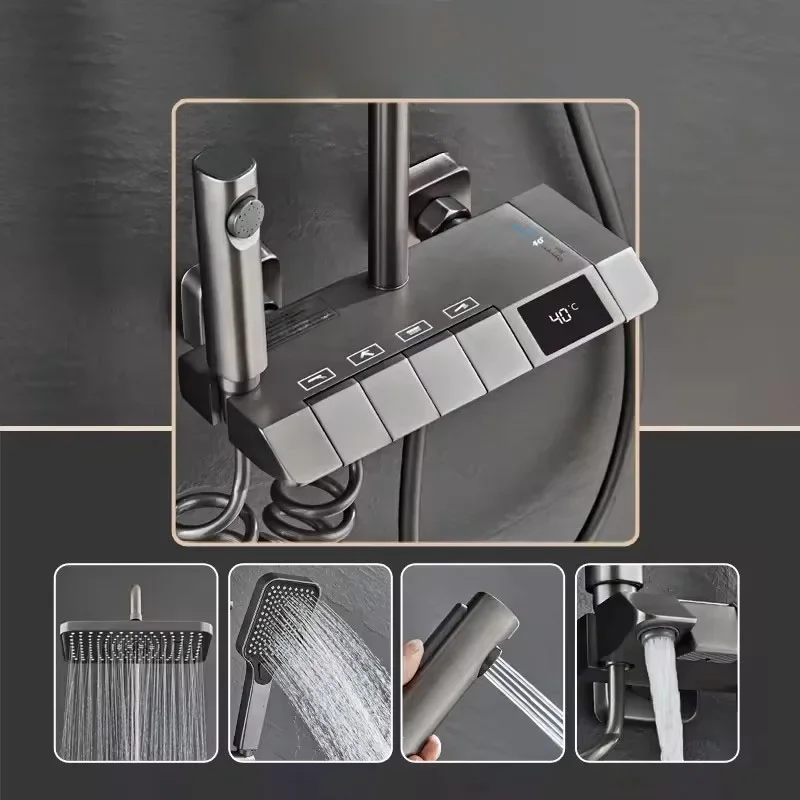 ห้องน้ํา Thermostatic อ่างอาบน้ําฝักบัวก๊อกน้ําผสมน้ําร้อนและเย็น Key สเปรย์ด้านข้าง Rod Design สไตล์โมเดิร์น