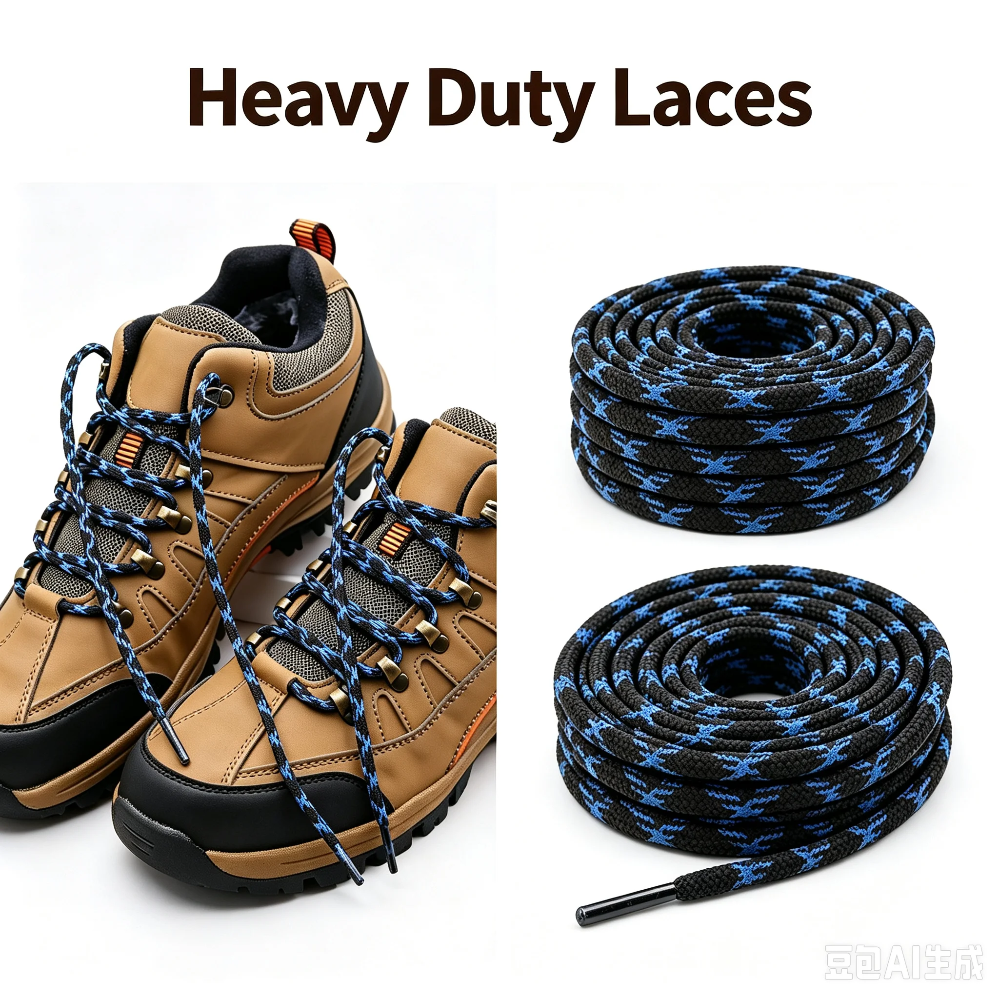 2Pairs Wear‑Resistant Polyester Replacement Shoelaces for Heavy‑Duty Round Boot Laces, Hiking Trekking Mountaineering Work Boots