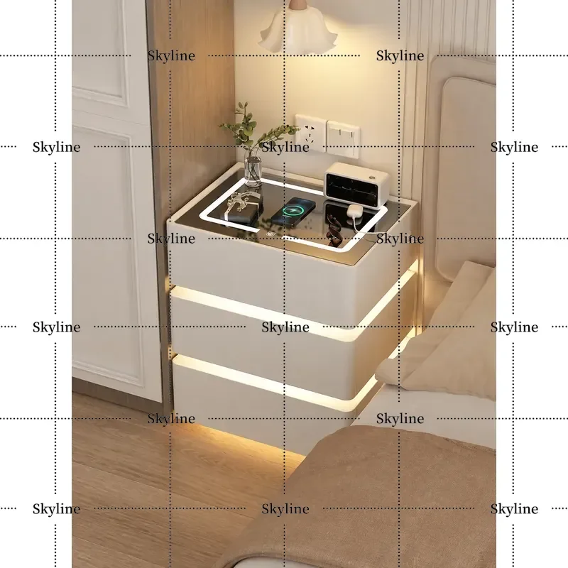 for French Style Wall Mounted Nightstand with Integrated Lamp White 3 Tier Drawer Storage Cabinet 45cm for Master Bedroom