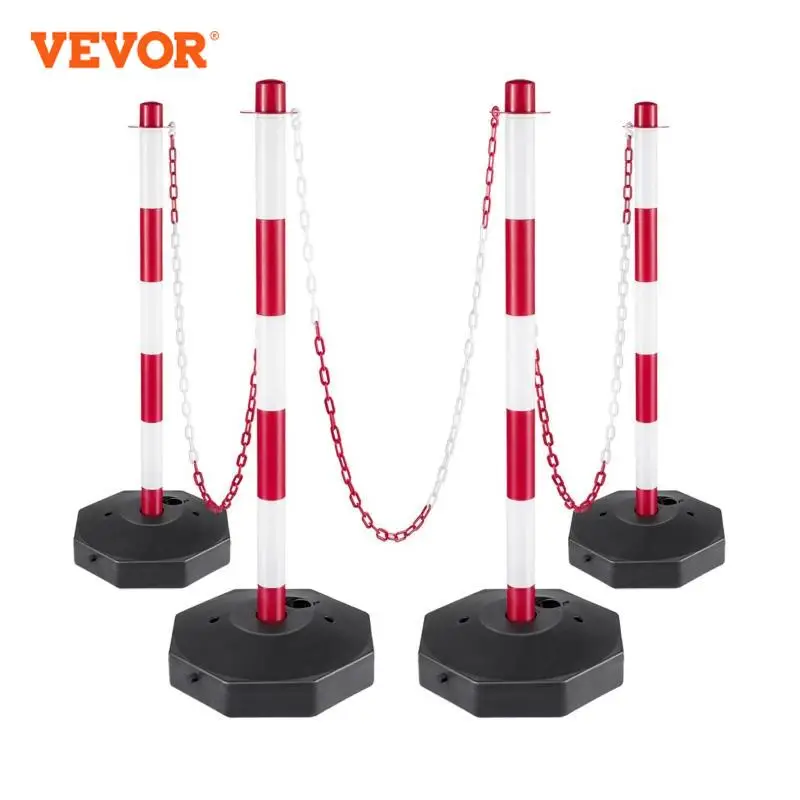 VEVOR 4PCS 33Inch Plastic Stanchion Crowd Control Line Red&White Safety Barrier with Security Chain for Parking Construction Lot